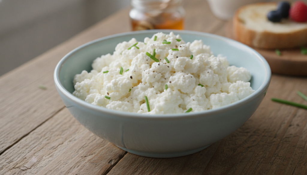 A bowl of creamy lumpy homemade cottage cheese possibly with some fruit or herbs on a wooden surface Soft rustic light