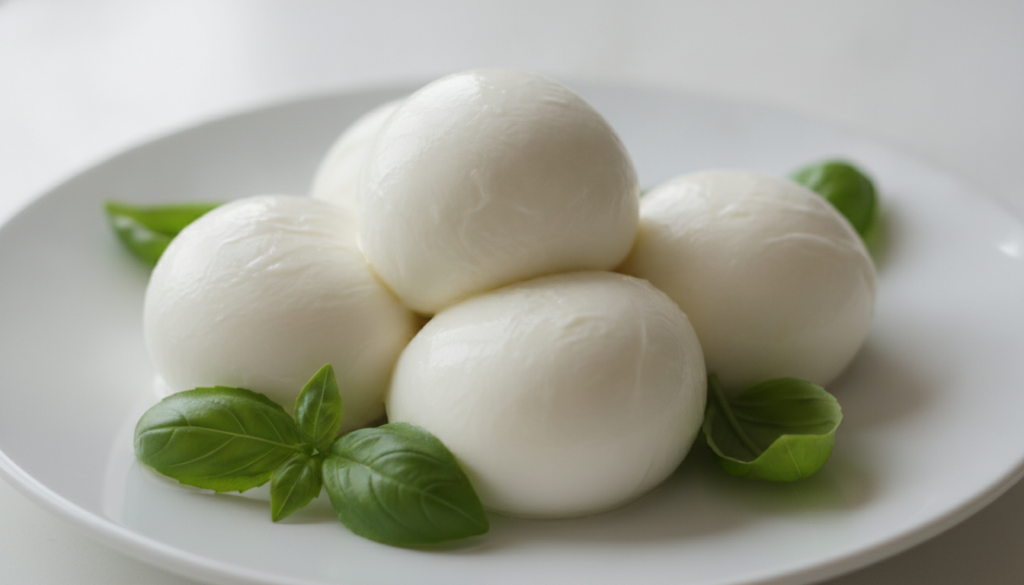 Freshly made mozzarella balls glistening and white with fresh basil leaves on a white plate Bright clean background
