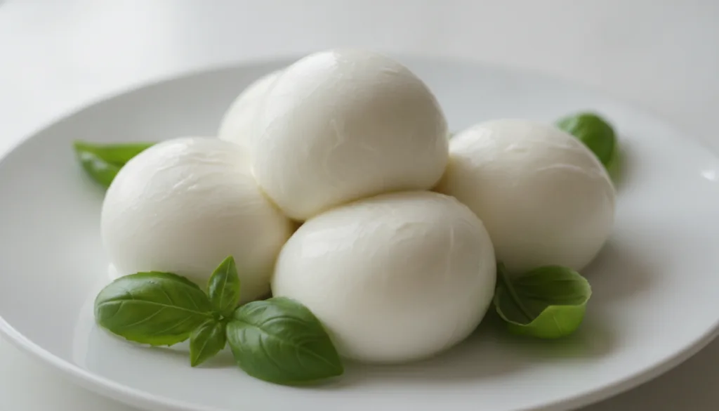 Freshly made mozzarella balls glistening and white with fresh basil leaves on a white plate Bright clean background