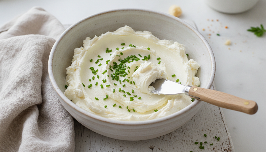 A bowl of smooth white homemade cream cheese with a spread knife garnished with chives on a light background Soft even l