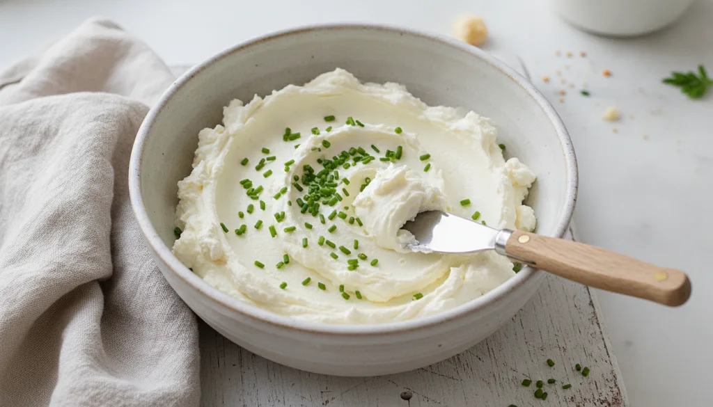 A bowl of smooth white homemade cream cheese with a spread knife garnished with chives on a light background Soft even l