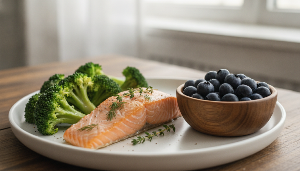 A vibrant healthy meal plate featuring baked salmon steamed broccoli and a side of fresh blueberries The setting is brig
