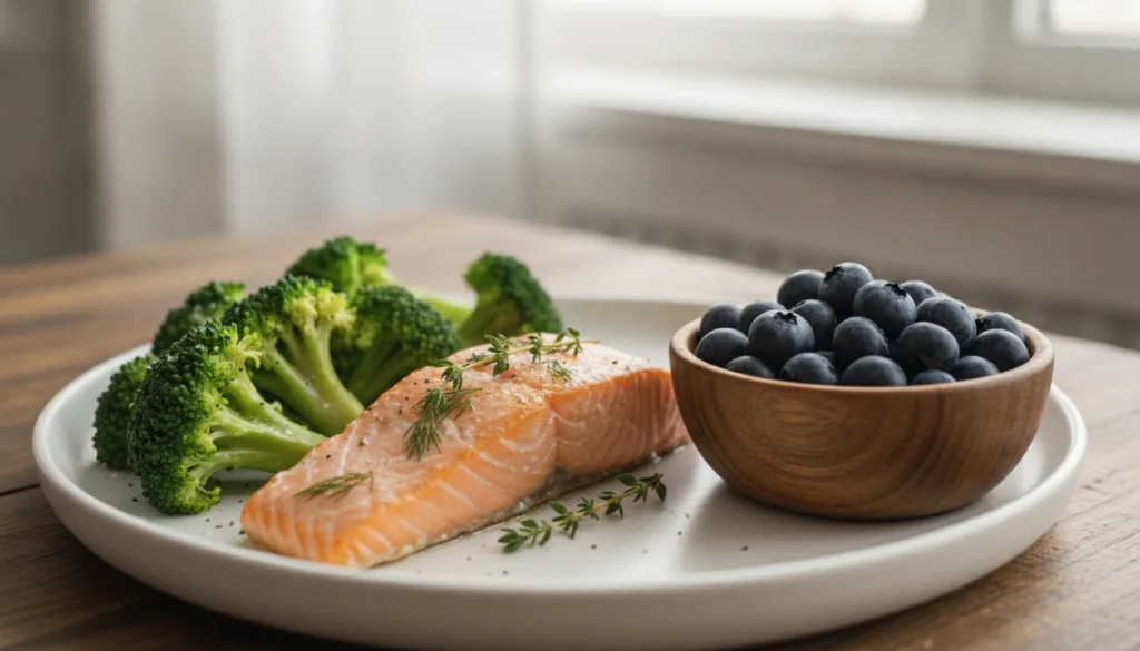 A vibrant healthy meal plate featuring baked salmon steamed broccoli and a side of fresh blueberries The setting is brig