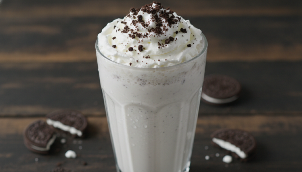 A creamy white Oreo cookies cream milkshake in a clear glass topped with whipped cream and crushed Oreo cookies