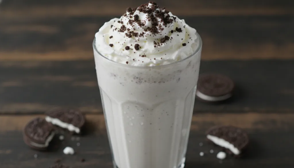 A creamy white Oreo cookies cream milkshake in a clear glass topped with whipped cream and crushed Oreo cookies