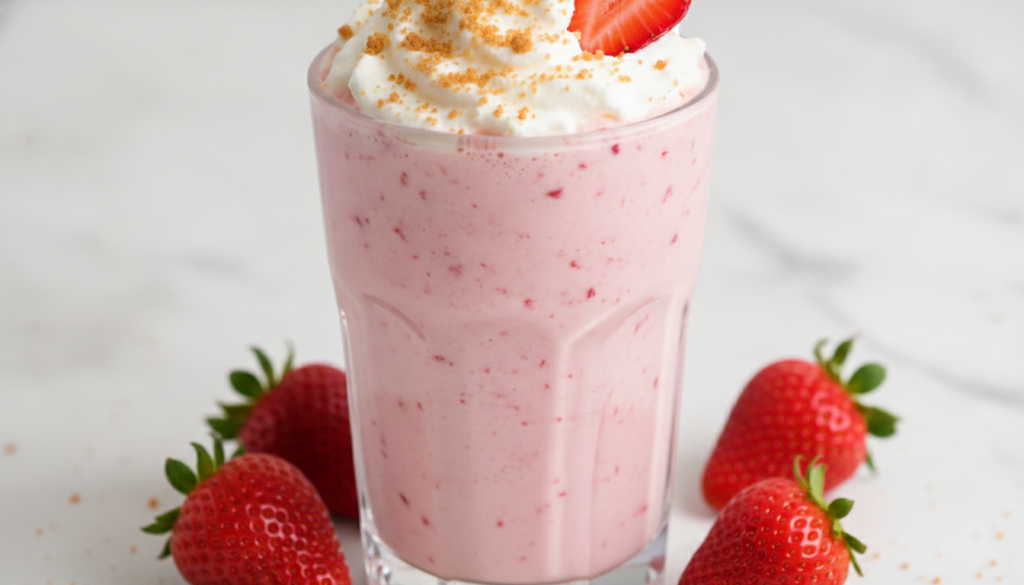 A vibrant pink strawberry cheesecake milkshake in a clear glass topped with whipped cream graham cracker crumbs and a fr