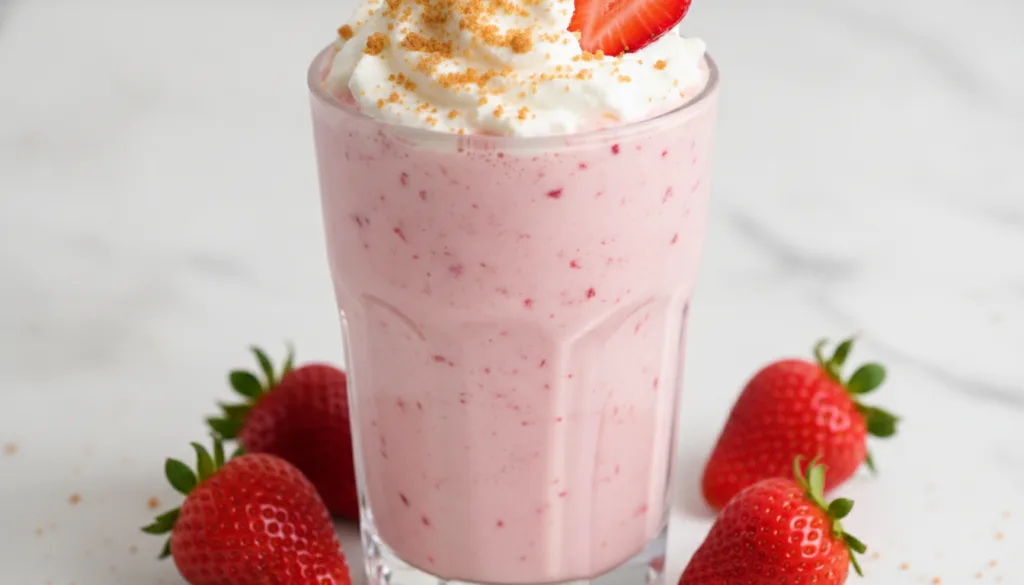 A vibrant pink strawberry cheesecake milkshake in a clear glass topped with whipped cream graham cracker crumbs and a fr