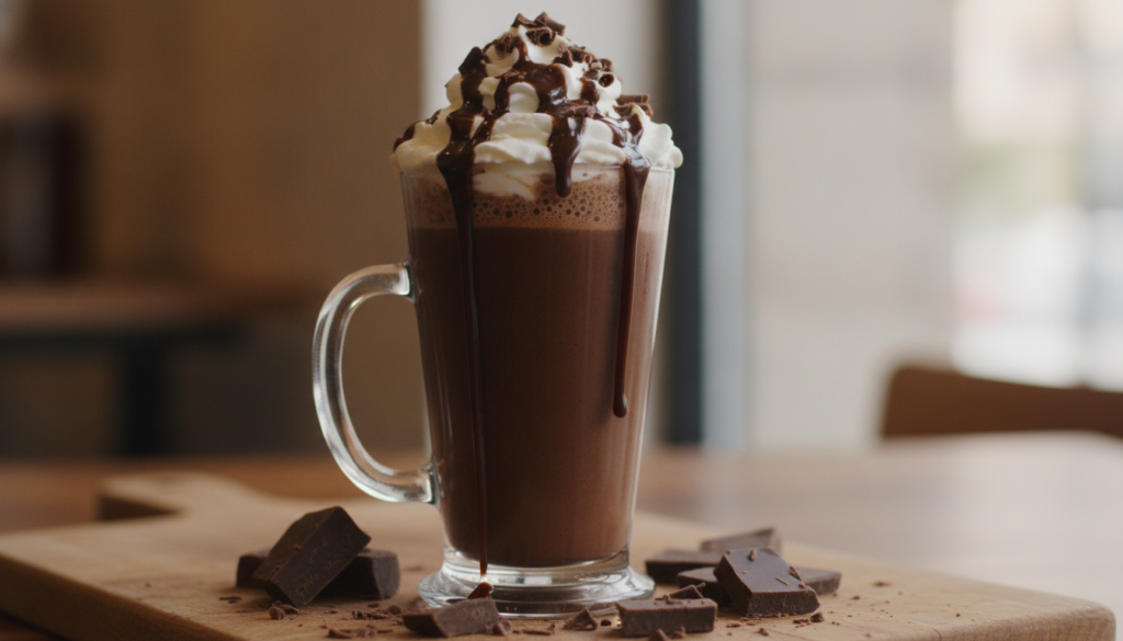 A rich dark chocolate fudge milkshake in a tall glass topped with whipped cream chocolate syrup drizzle and chocolate sh