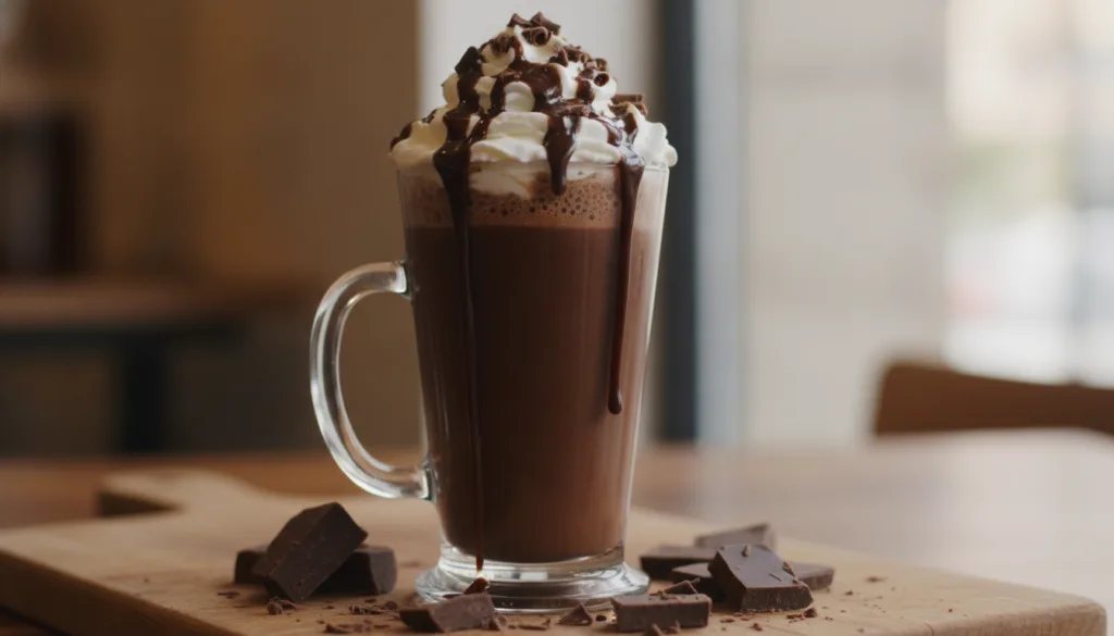 A rich dark chocolate fudge milkshake in a tall glass topped with whipped cream chocolate syrup drizzle and chocolate sh