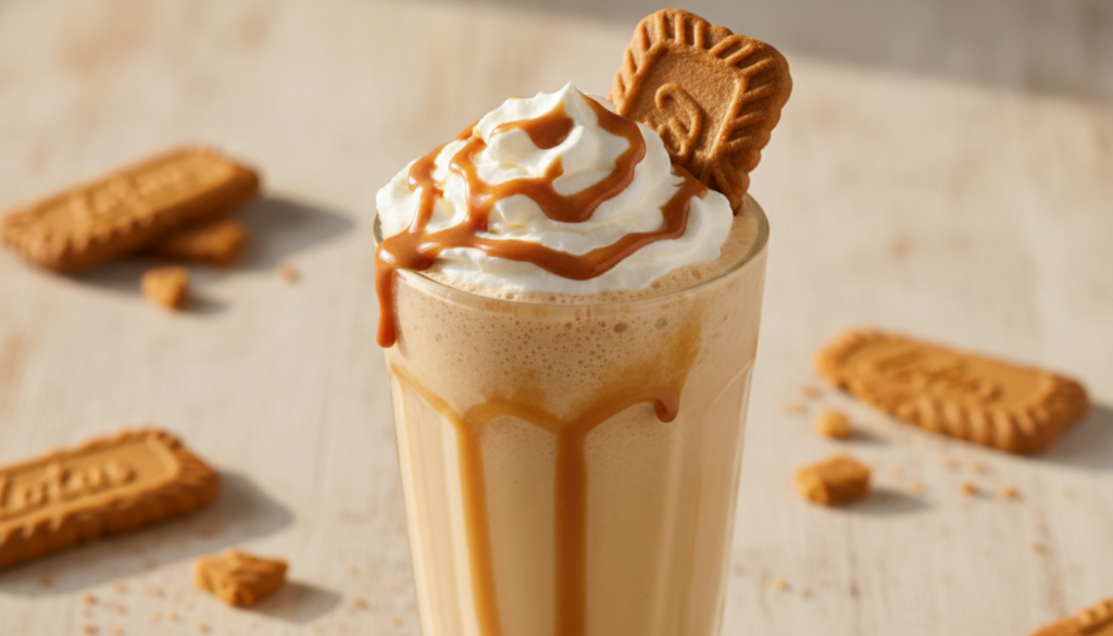 A golden-brown Lotus Biscoff milkshake in a clear glass topped with whipped cream a whole Biscoff biscuit and Biscoff sp
