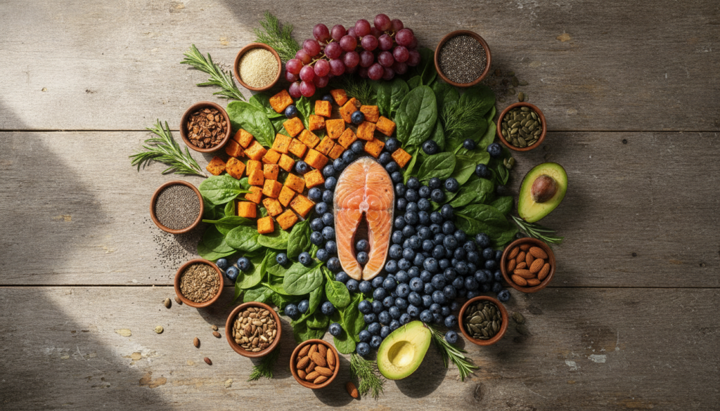 A vibrant and diverse selection of the healthy foods mentioned in the article such as spinach lentils blueberries salmon