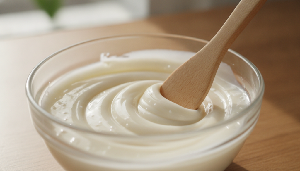 A close-up of a small bowl containing a creamy mixture of Vaseline and baking soda with a small spatula or spoon mixing 