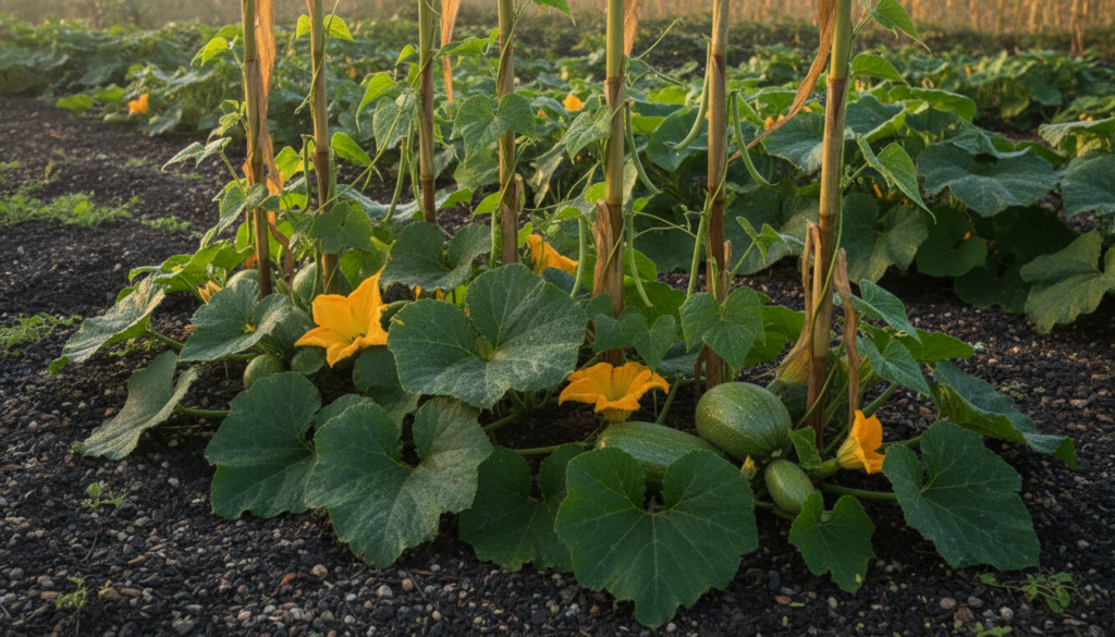 A close-up of The Three Sisters companion planting corn stalks growing tall with beans climbing the stalks and large squ