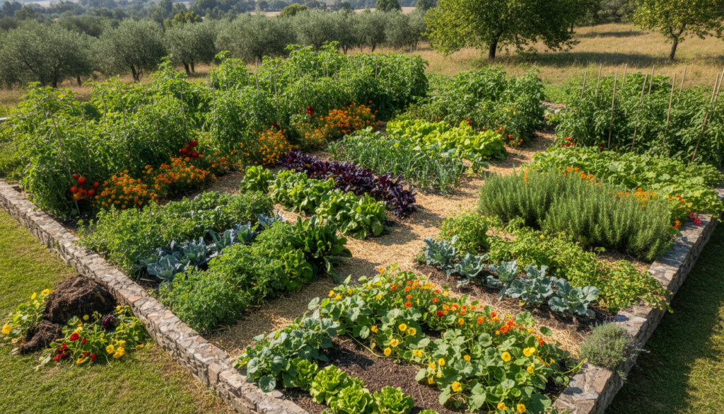 An aerial view of a vibrant healthy vegetable garden showcasing various companion plants growing together with clear sig