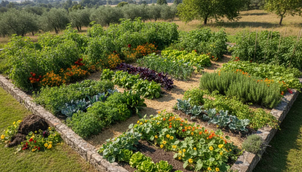 An aerial view of a vibrant healthy vegetable garden showcasing various companion plants growing together with clear sig