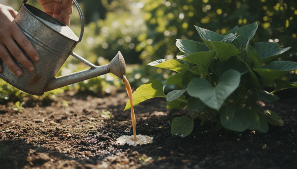 A gardener pouring homemade compost tea from a watering can onto the base of a vibrant green plant in a garden bed illus