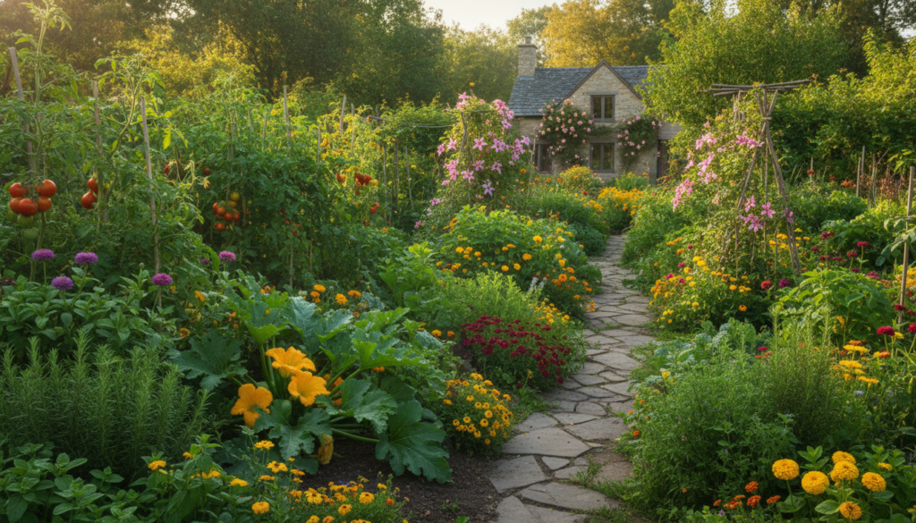A lush vibrant home garden flourishing with healthy plants colorful flowers and ripe vegetables showcasing the positive 