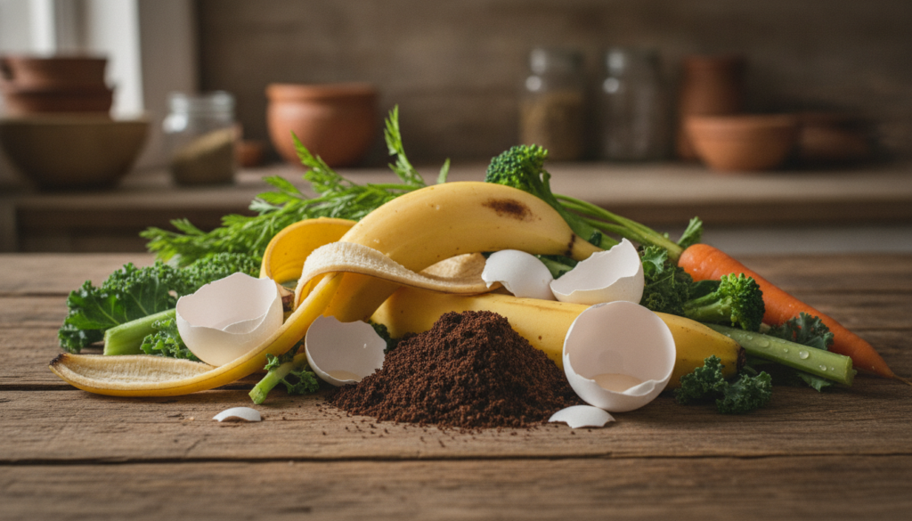 A collection of various kitchen scraps suitable for DIY plant food such as banana peels eggshells coffee grounds and veg