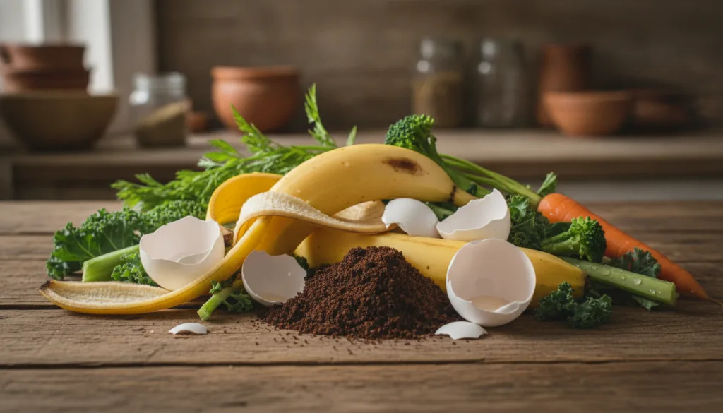 A collection of various kitchen scraps suitable for DIY plant food such as banana peels eggshells coffee grounds and veg