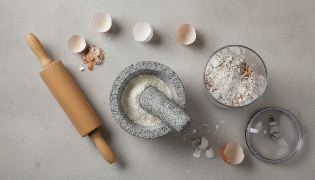 Various methods of crushing eggshells for gardening showing a rolling pin a mortar and pestle and a blender