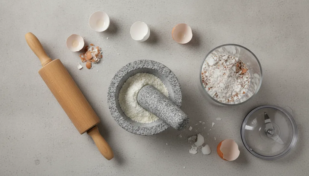 Various methods of crushing eggshells for gardening showing a rolling pin a mortar and pestle and a blender