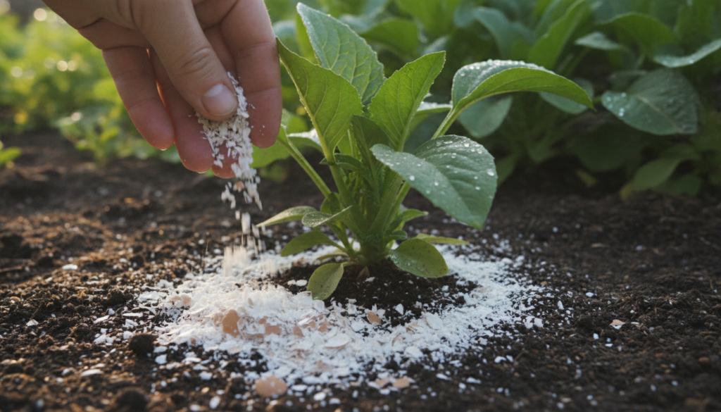 A close-up shot of crushed eggshells ready to be used in a garden with a hand gently sprinkling them around a small plan
