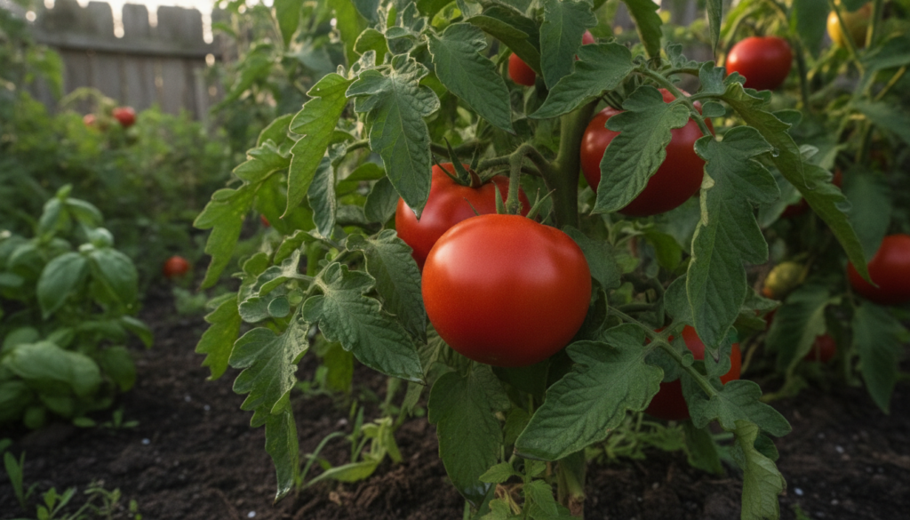A healthy tomato plant with ripe tomatoes illustrating how eggshells help prevent blossom end rot