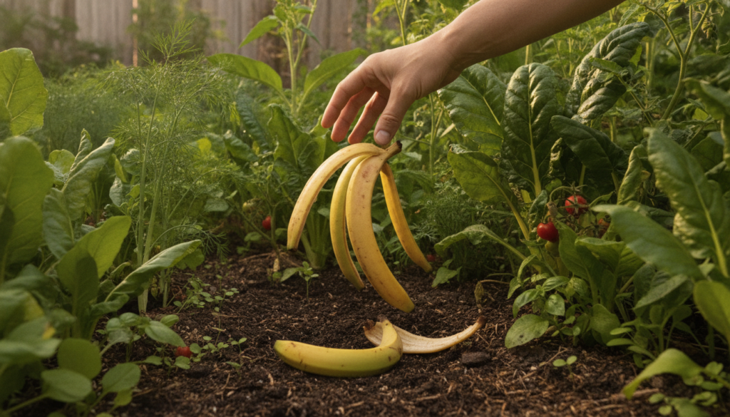 A gardener making the mistake of tossing whole banana peels directly onto a garden bed next to plants