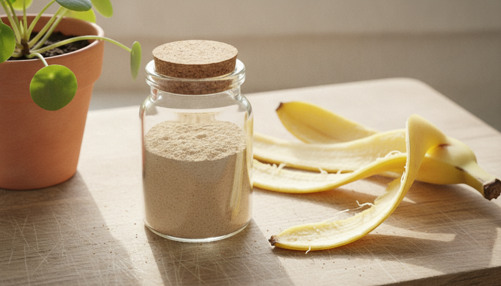 Dried and ground banana peel powder in a small container next to fresh banana peels and a small plant pot