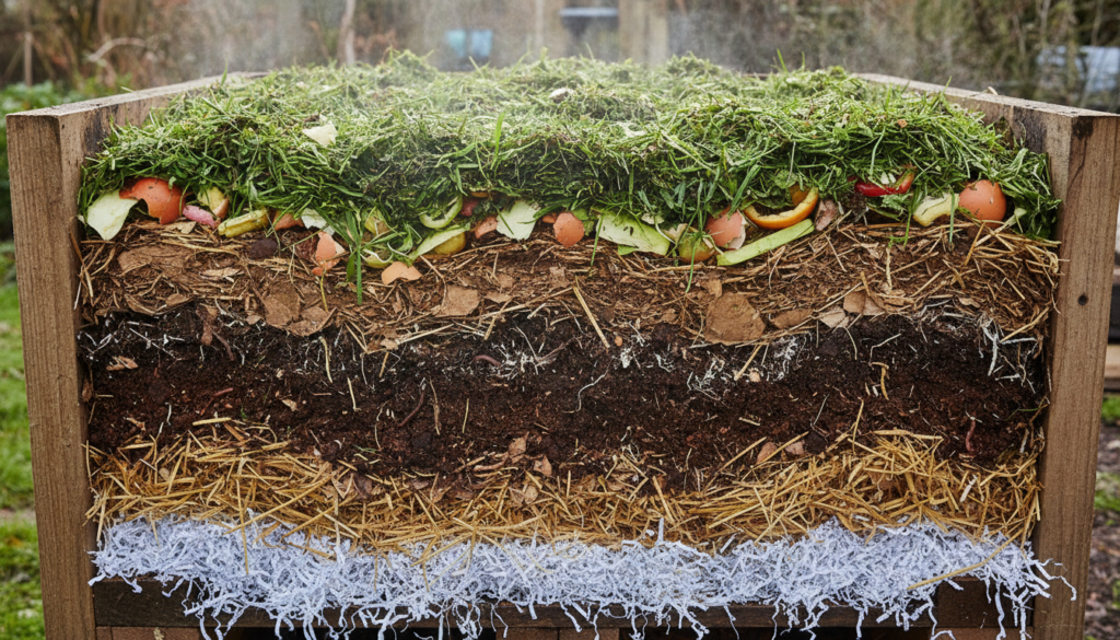 A cross-section view of a compost pile showing distinct layers of greens kitchen scraps grass clippings and browns dried
