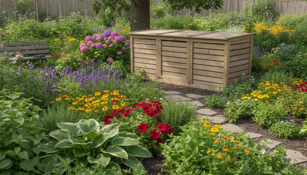 A vibrant healthy garden overflowing with lush green plants and colorful flowers with a small compost bin visible in the
