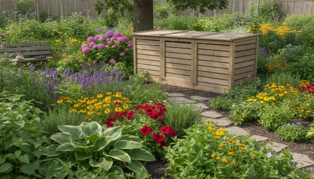 A vibrant healthy garden overflowing with lush green plants and colorful flowers with a small compost bin visible in the