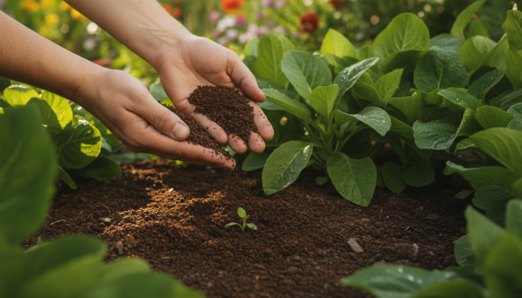 A gardener s hands carefully sprinkling used coffee grounds onto the soil around a healthy green plant in a garden bed