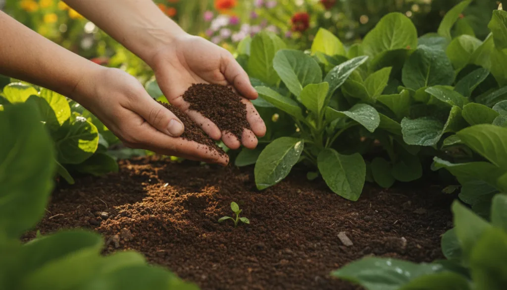 A gardener s hands carefully sprinkling used coffee grounds onto the soil around a healthy green plant in a garden bed