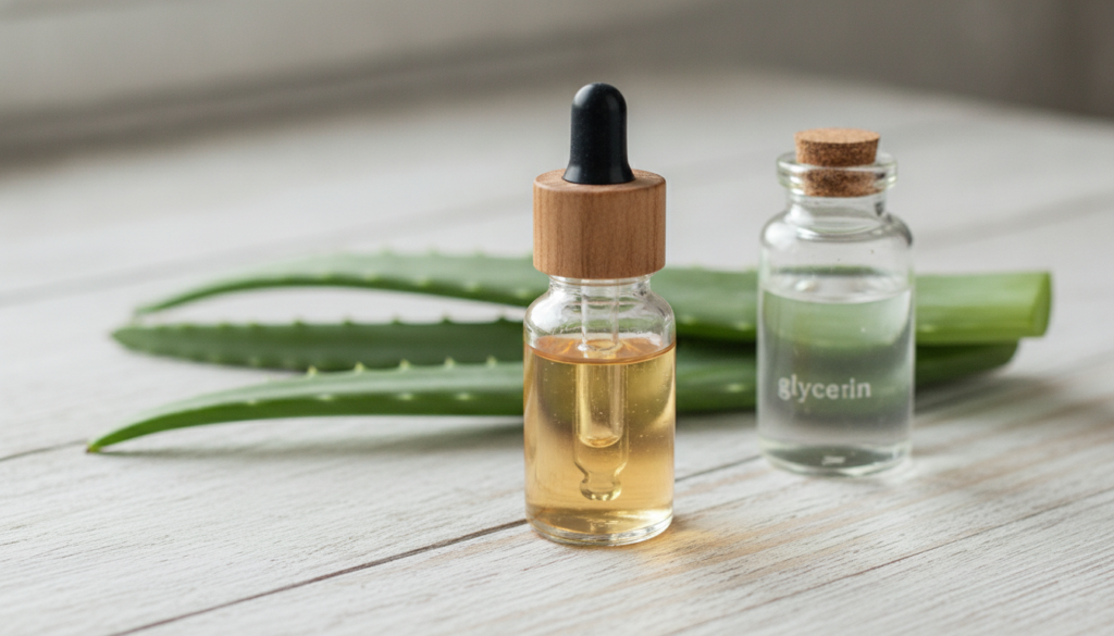 A small clear glass dropper bottle filled with a translucent slightly viscous serum The background features fresh aloe v