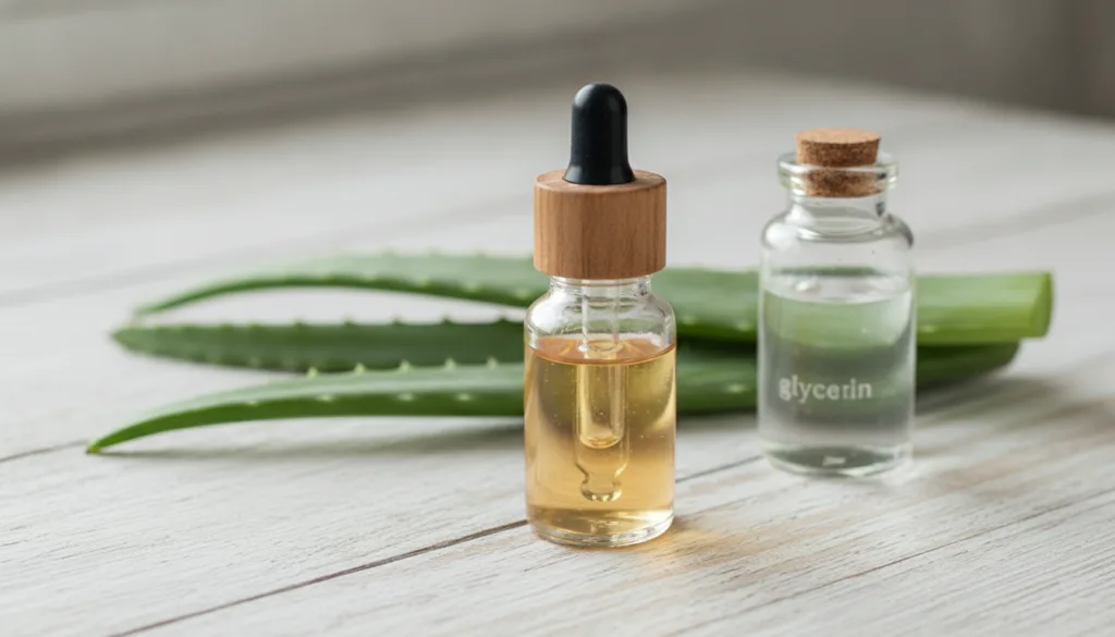 A small clear glass dropper bottle filled with a translucent slightly viscous serum The background features fresh aloe v