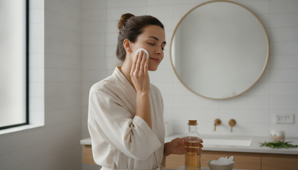 A woman gently patting homemade toner onto her face with a cotton pad in a clean bathroom setting