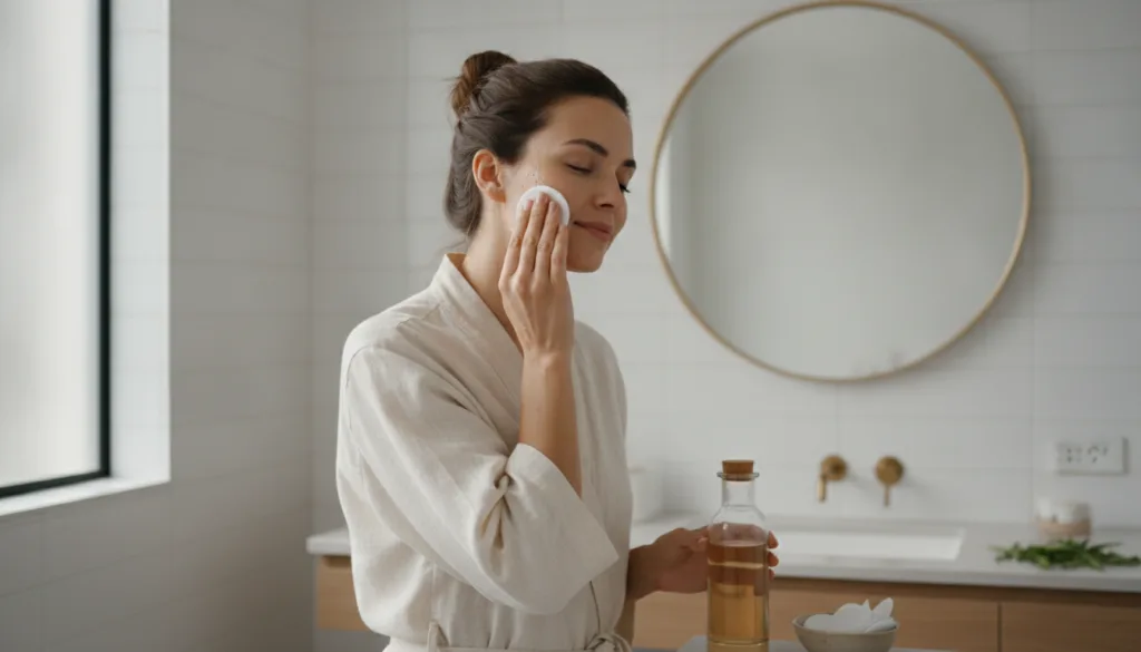 A woman gently patting homemade toner onto her face with a cotton pad in a clean bathroom setting