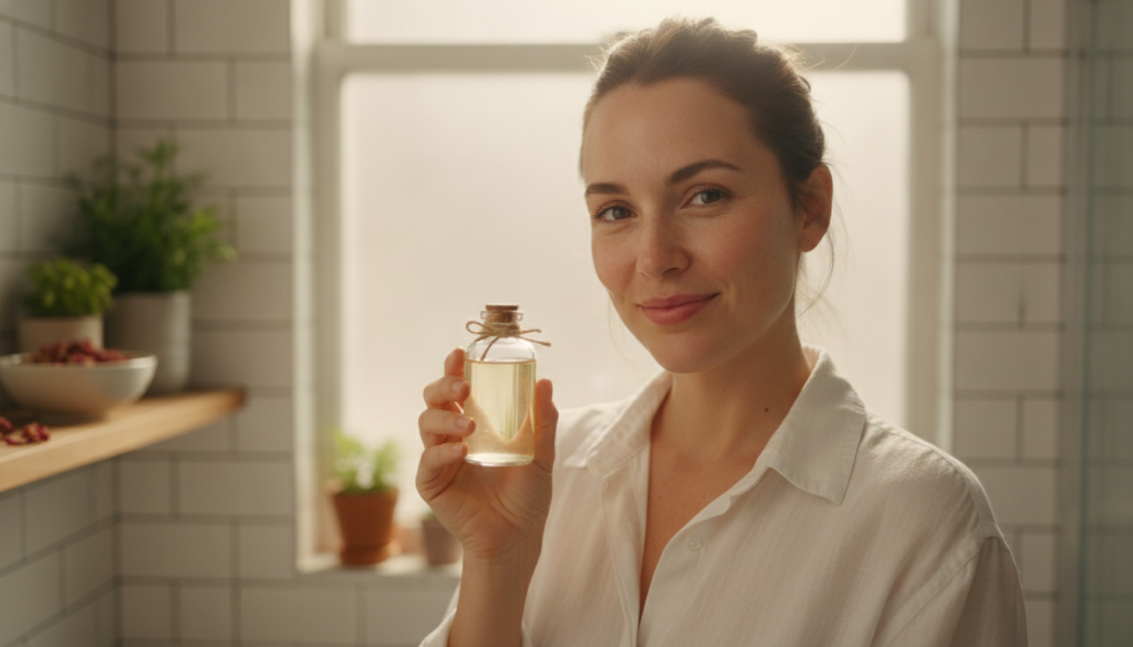 A woman with radiant glowing skin holding a small bottle of homemade toner with natural ingredients like rose petals or 