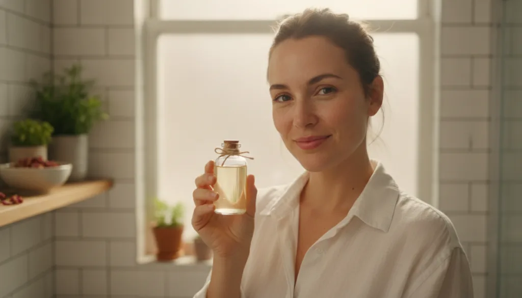 A woman with radiant glowing skin holding a small bottle of homemade toner with natural ingredients like rose petals or