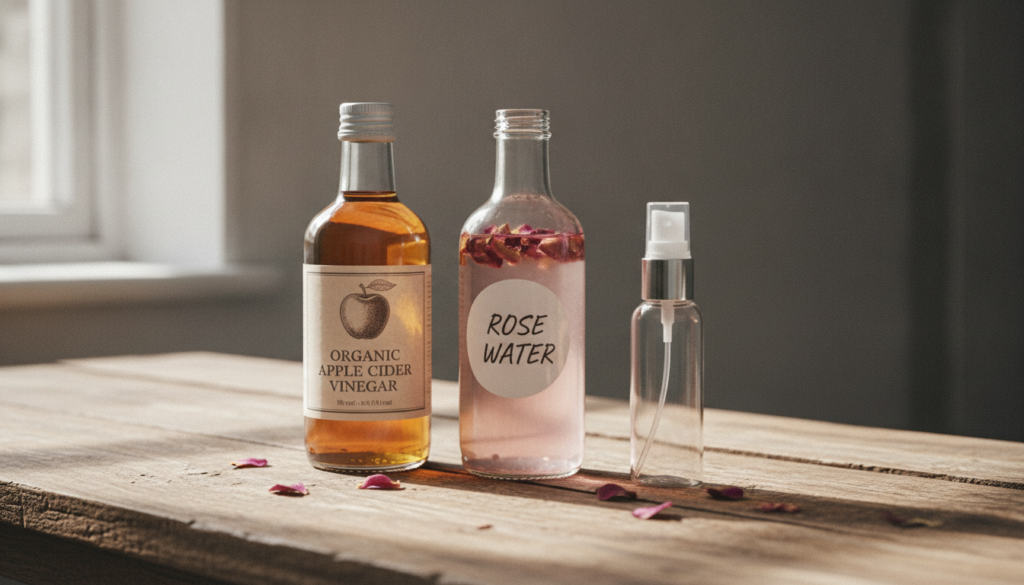 Ingredients for ACV and rose water toner including a bottle of apple cider vinegar a bottle of rose water and a spray bo