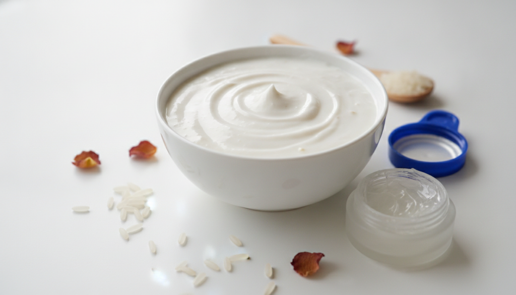 A close-up of a small bowl containing a creamy white homemade face mask made from rice and Vaseline with a few grains of
