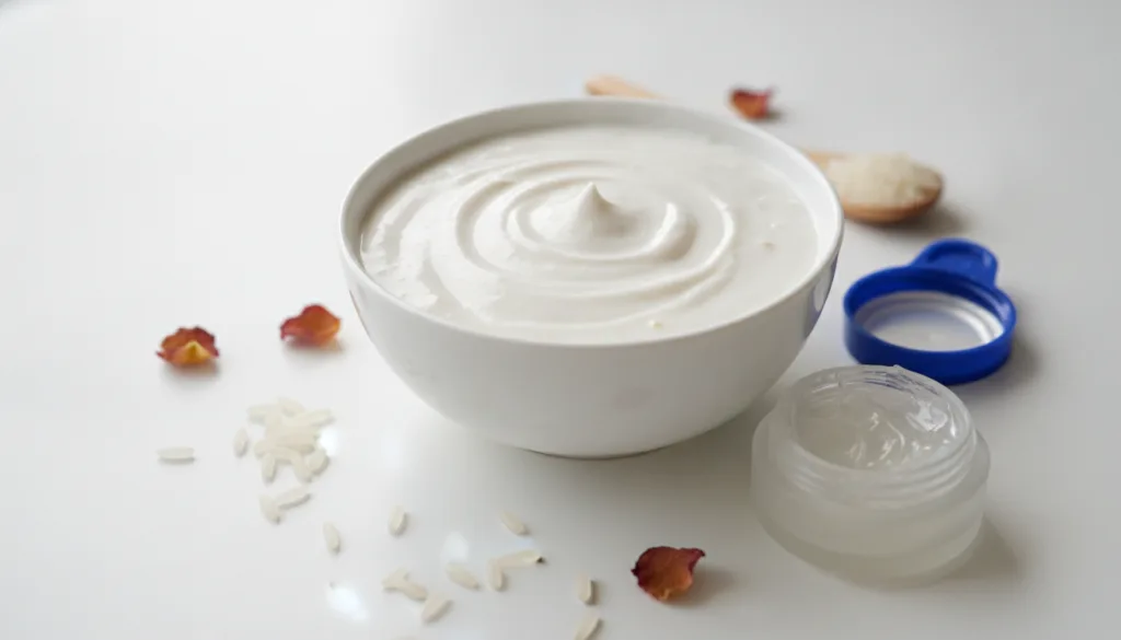 A close-up of a small bowl containing a creamy white homemade face mask made from rice and Vaseline with a few grains of