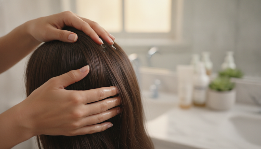 Hands gently massaging homemade aloe vera hair oil into a scalp and hair showing the application process in a warm natur
