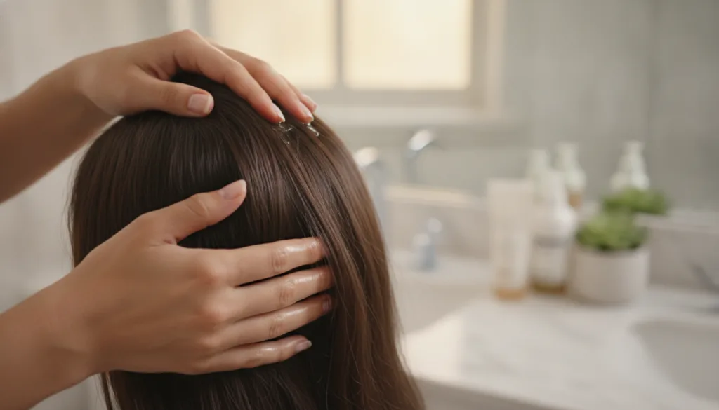 Hands gently massaging homemade aloe vera hair oil into a scalp and hair showing the application process in a warm natur