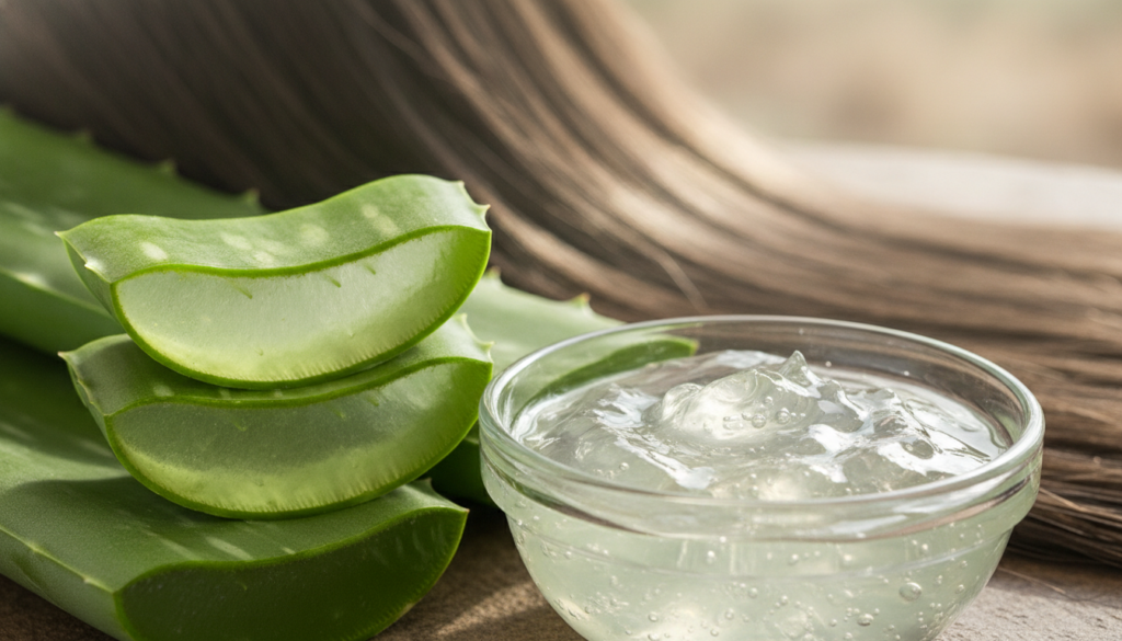 A close-up shot of fresh green aloe vera leaves and a small bowl of clear aloe vera gel with some healthy shiny hair in 