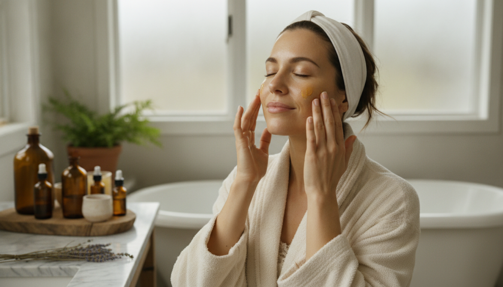 A woman gently massaging her face with a few drops of homemade oil eyes closed in relaxation with a warm soft glow on he