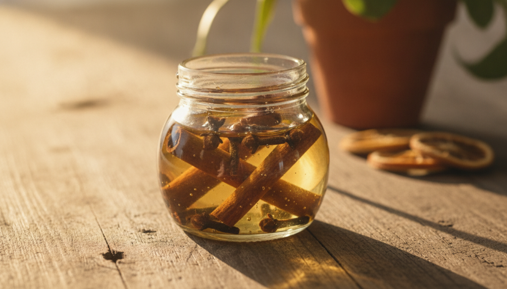 A close-up of whole cloves and cinnamon sticks soaking in a clear carrier oil like almond or jojoba in a small glass jar