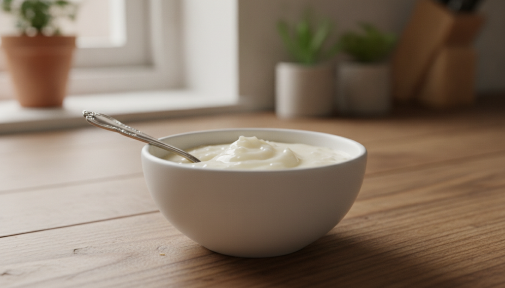 A close-up shot of a small bowl containing a mixture of white Vaseline and white baking soda with a small spoon or spatu