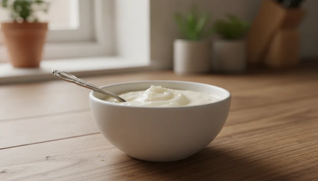 A close-up shot of a small bowl containing a mixture of white Vaseline and white baking soda with a small spoon or spatu